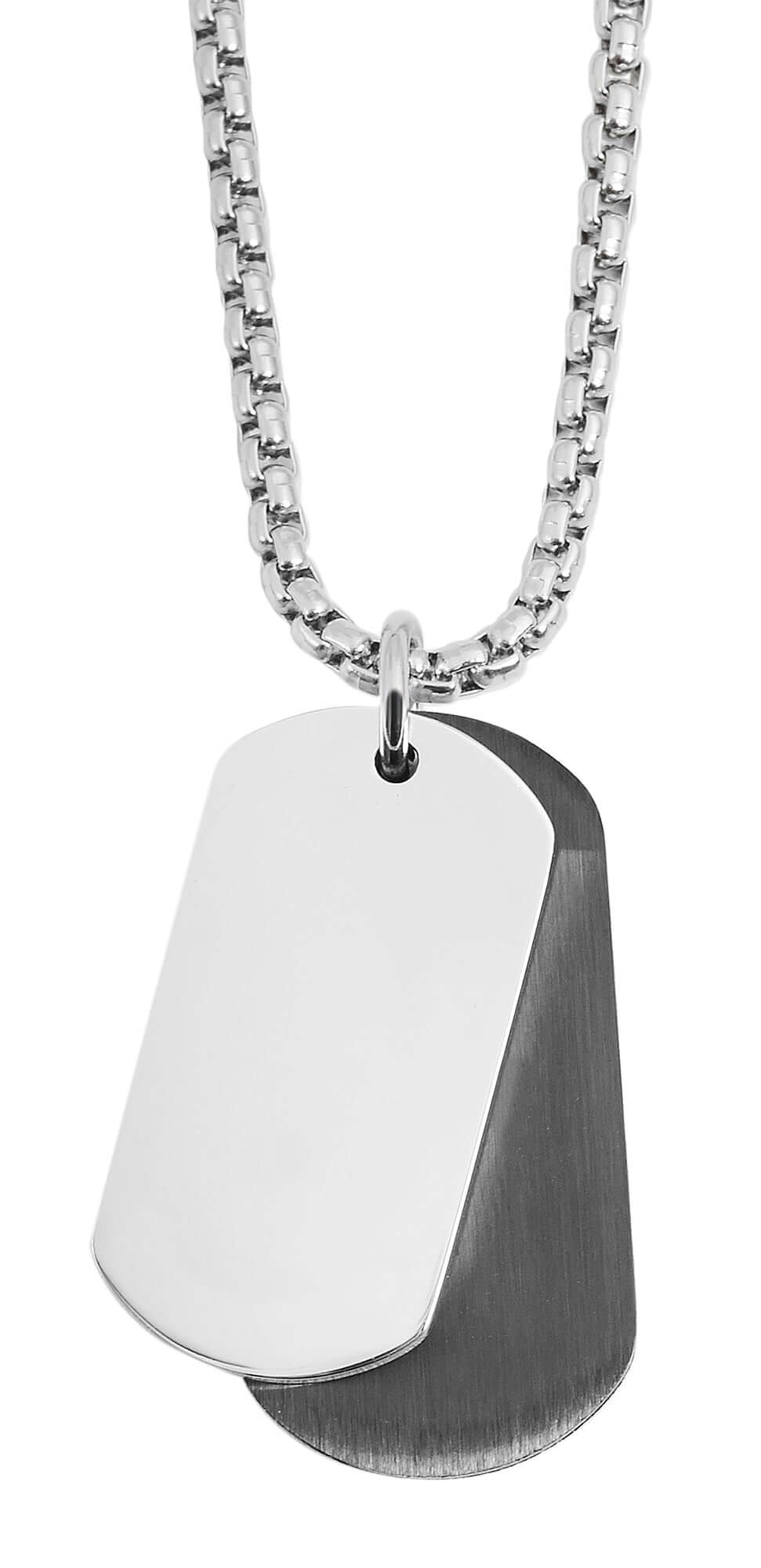 Edelstahlkette mit gravurfähigen Anhängern an einer silbernen Kette, ideal für persönliche Gestaltungen.