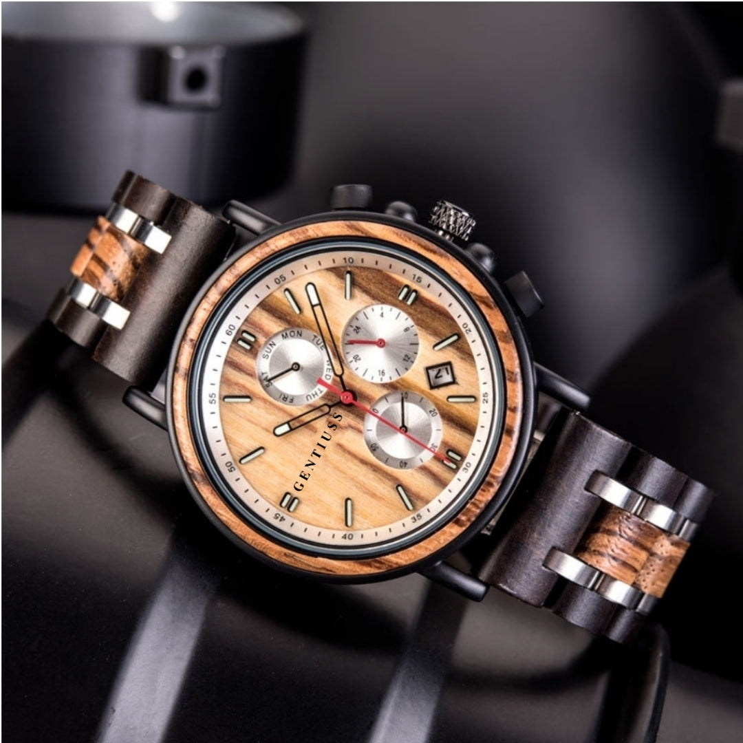 Chronograph watch wood & stainless steel