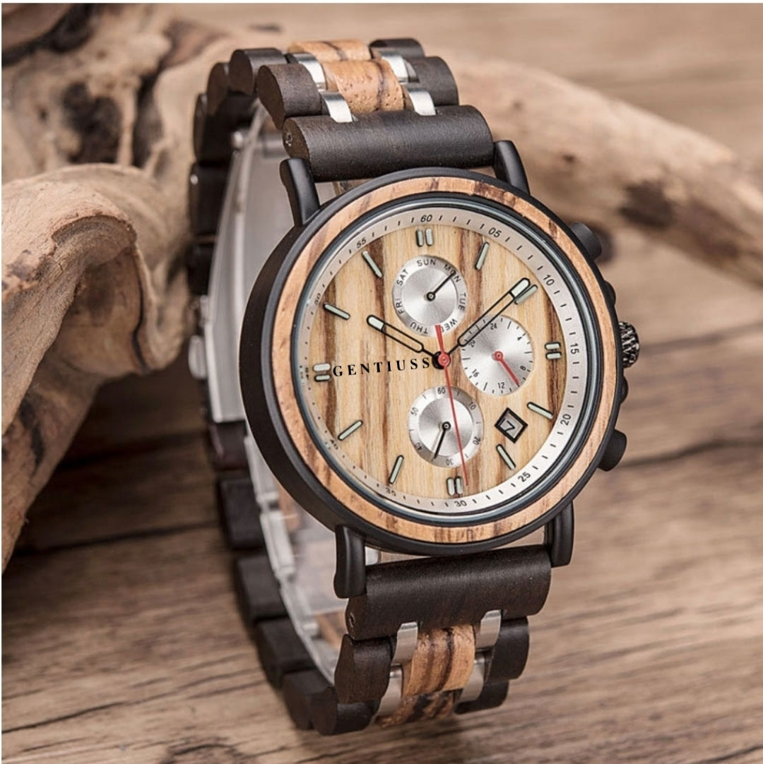 Chronograph watch wood & stainless steel