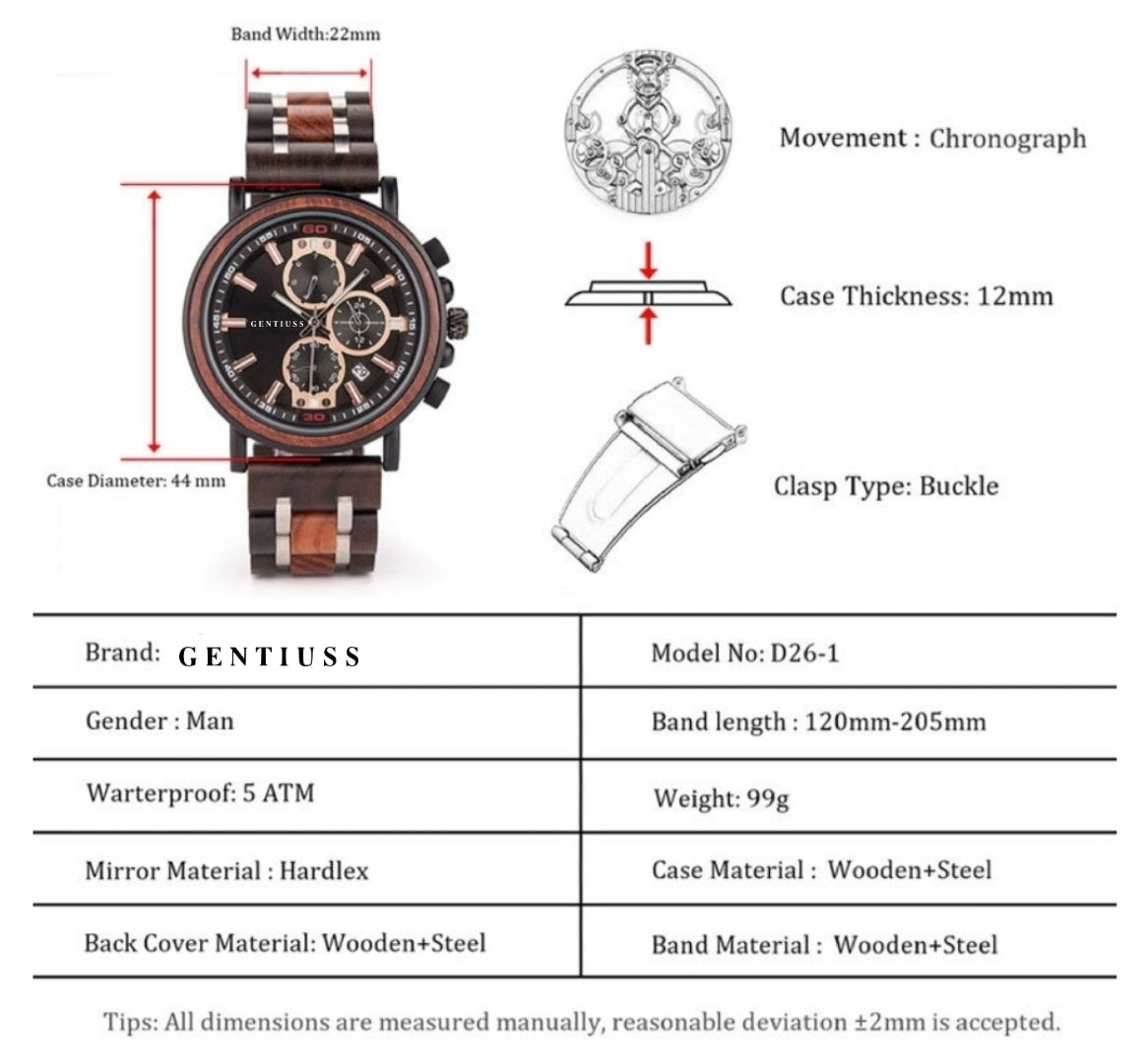 Chronograph watch wood & stainless steel