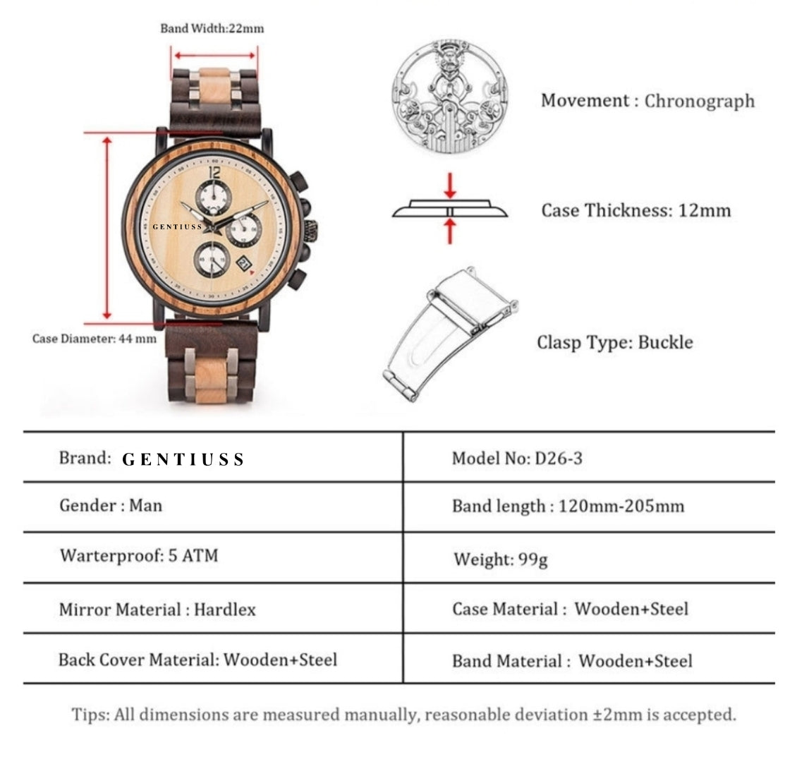 Chronograph watch wood & stainless steel
